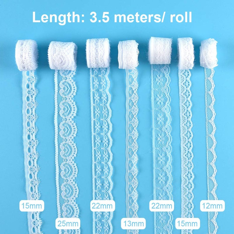 FEPITO 15 Rolls 55.5 Yard White Lace Trim Ribbon Assorted Patterns Cream Vintage Lace Ribbons for Sewing DIY Making and Bridal Wedding Decorations - Image 3